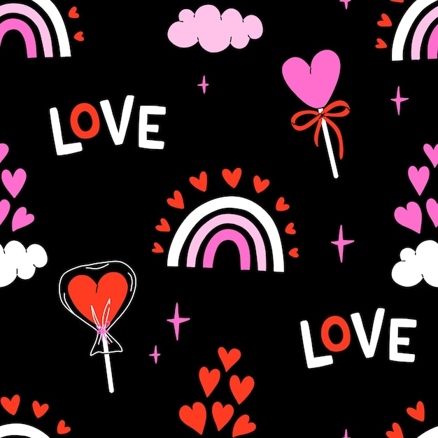 Valentines day elements vector seamless pattern Gifts envelope heart dessert messages candies locks and other traditional decorations Cartoon doodle style