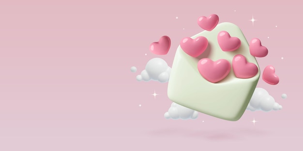 Valentines day vector background with d hearts flying out the envelope in the pink sky with clouds