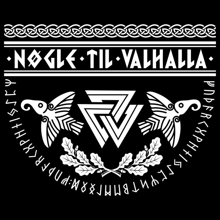 Vector valknut ancient pagan nordic germanic symbol ancient scandinavian runes viking slogan the keys to valhalla oak leaves and two ravens