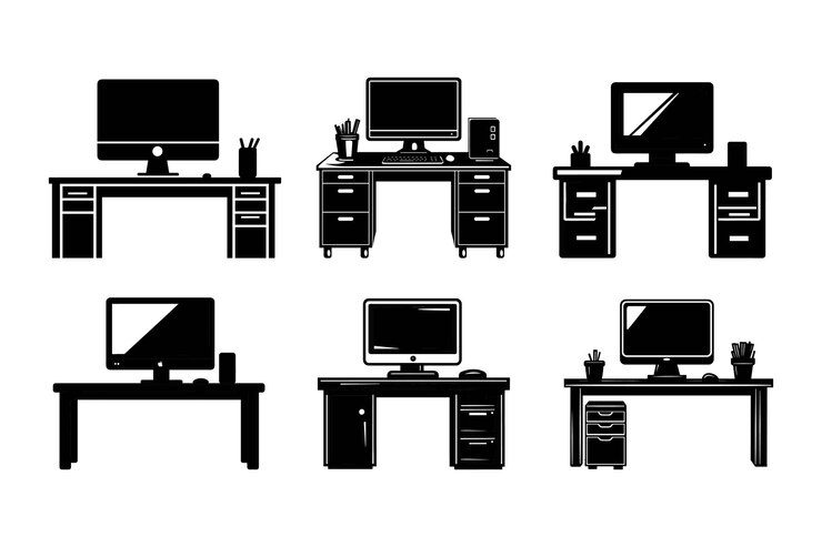 Vector variety of desk setups with computers and office accessories in a simple black design