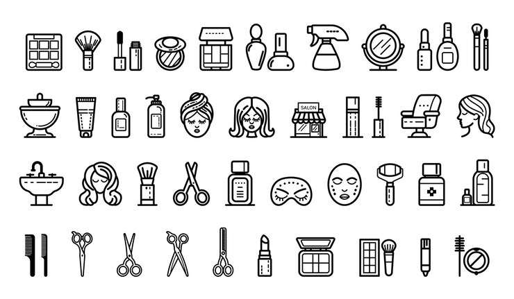 Various beauty and hairstyling icons in outline style on a white background Vector illustration