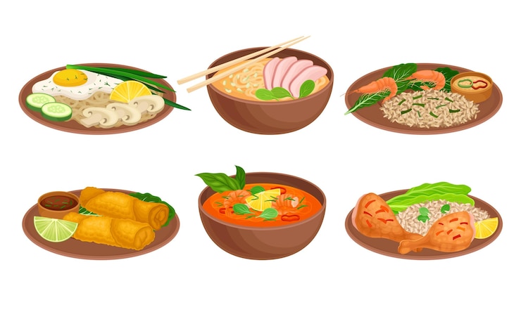Vector various dishes and main courses plating with greenery garnishing vector set