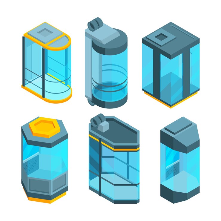 Vector various glass elevators with steel gates and panels isometric vector pictures lift elevator for hotel and office architecture illustration