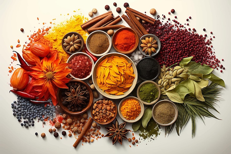 Vector various mix spices for food ingredients curry masala chilicloves cinnamon sticks white background