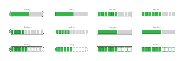 various progress bar designs showcasing loading animations in green theme