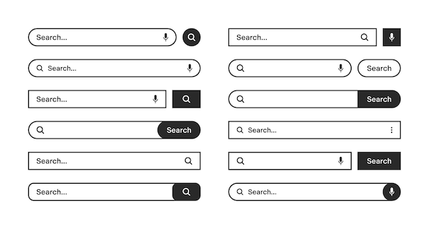 Various search bars with outline border Internet browser engine with search box address bar and text field UI design website interface element web icons and push button Vector illustration