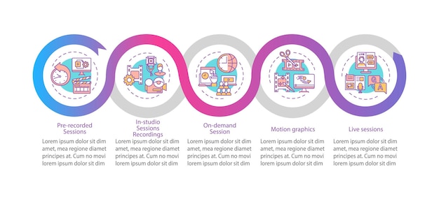 VE content vector infographic template. In-studio recordings, live sessions presentation design elements. Data visualization with 5 steps. Process timeline chart. Workflow layout with linear icons