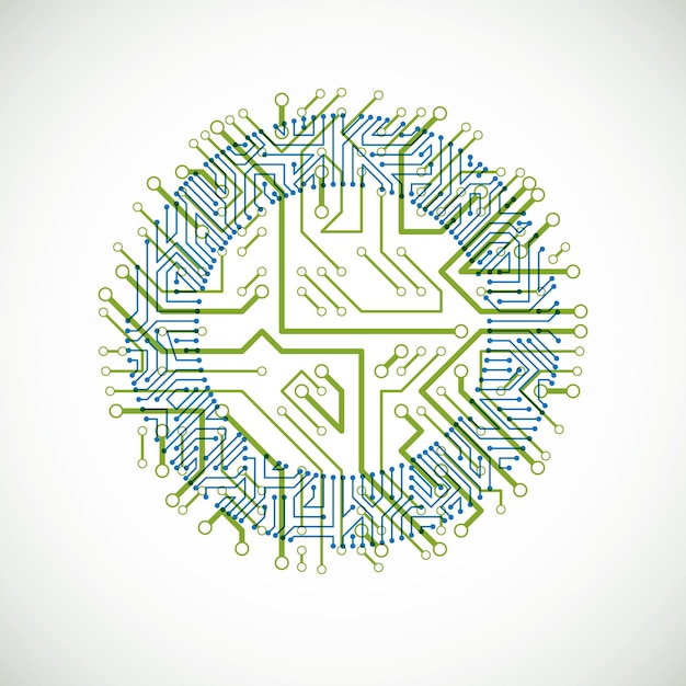 vector abstract colorful technology illustration with round green and blue circuit board. high tech circular digital scheme of electronic device.