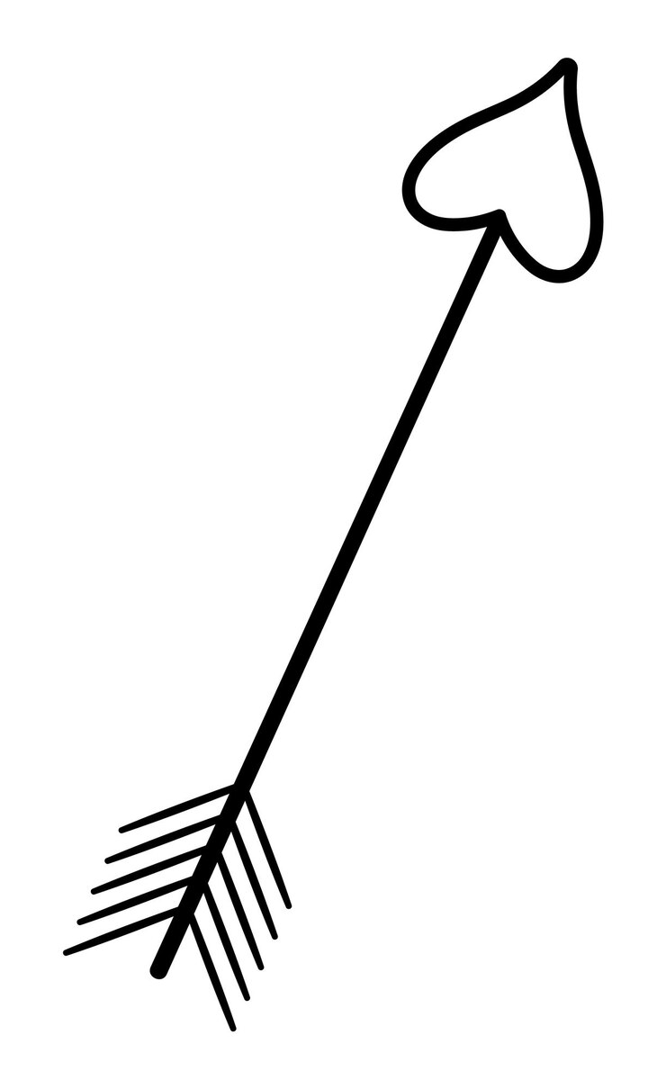 Vector vector black and white arrow with heart shaped tip. cute saint valentineâs day symbol isolated on white background. playful love holiday line icon or coloring page.