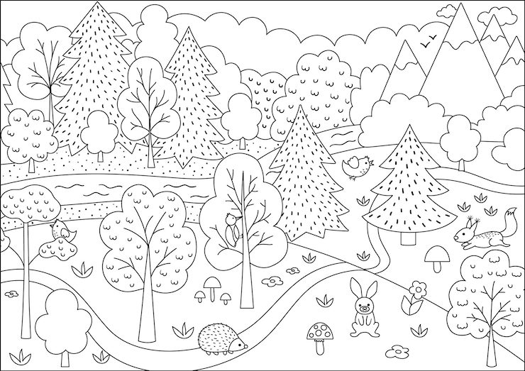 Vector vector black and white wild forest scene with trees mountains animals birds spring or summer line woodland scenery with flowers plants mushrooms wild nature landscape or coloring page xa