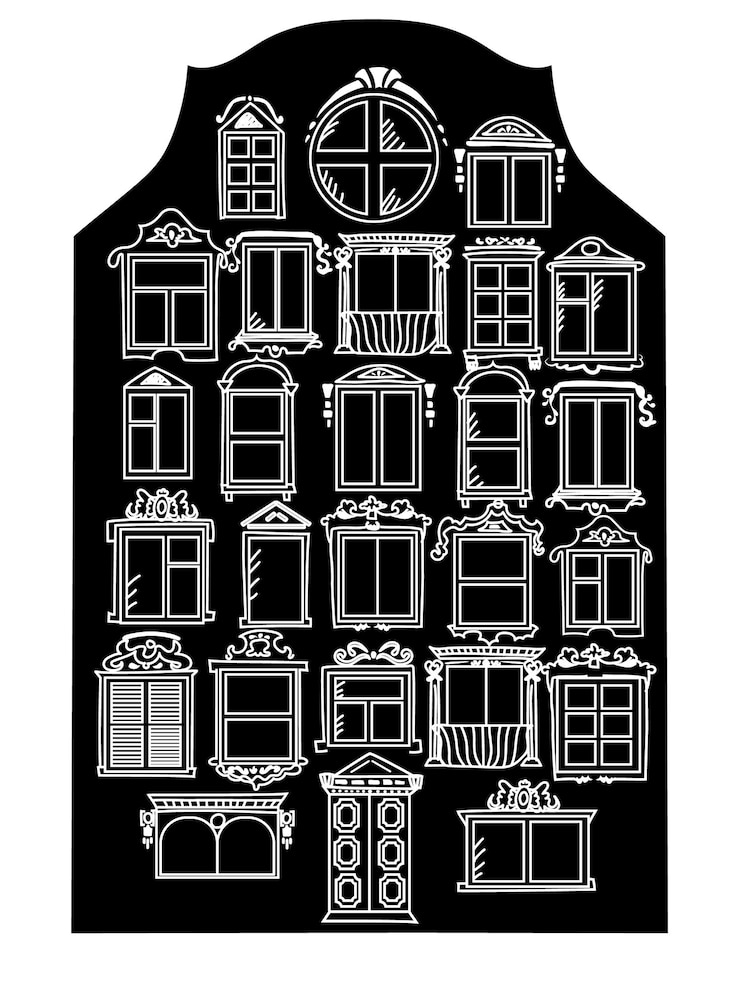 Vector vector black house with white windows of different shapes sizes and styles handdrawnxa