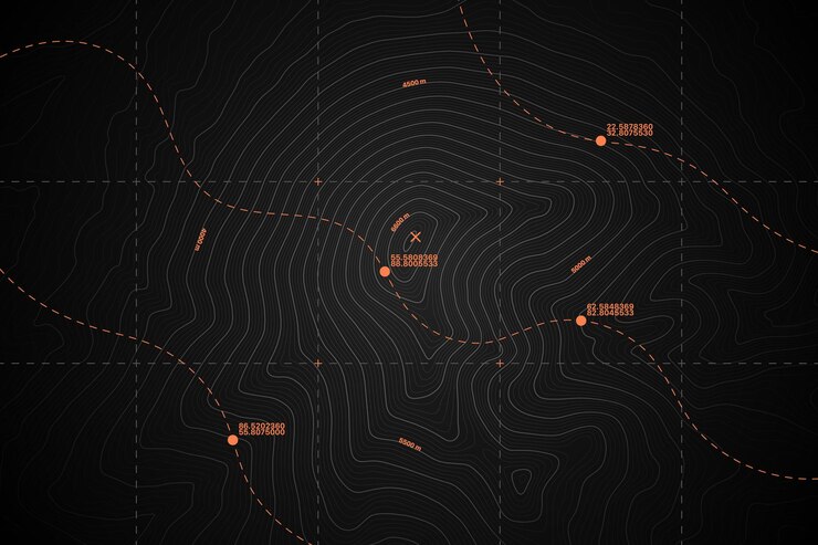 Vector vector black topography contour map with relief elevation route and coordinates