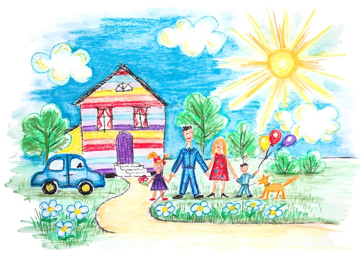 Vector vector bright childrens sketch with happy family house dog car on the lawn with flowers