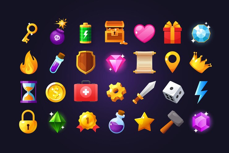 Vector vector cartoon game icons includes batteryprecious gems golden coins gift boxes sword etc