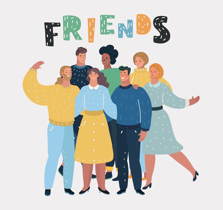 Vector vector cartoon illustration of group of five happy talking friends men and women human character on white background