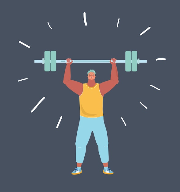 vector cartoon illustration of strong and handsome man lifting weights a barbell in a gym on dark background