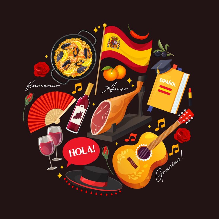 Vector vector collection with spanish symbols includes national food flag guitar sangria wine sombrero
