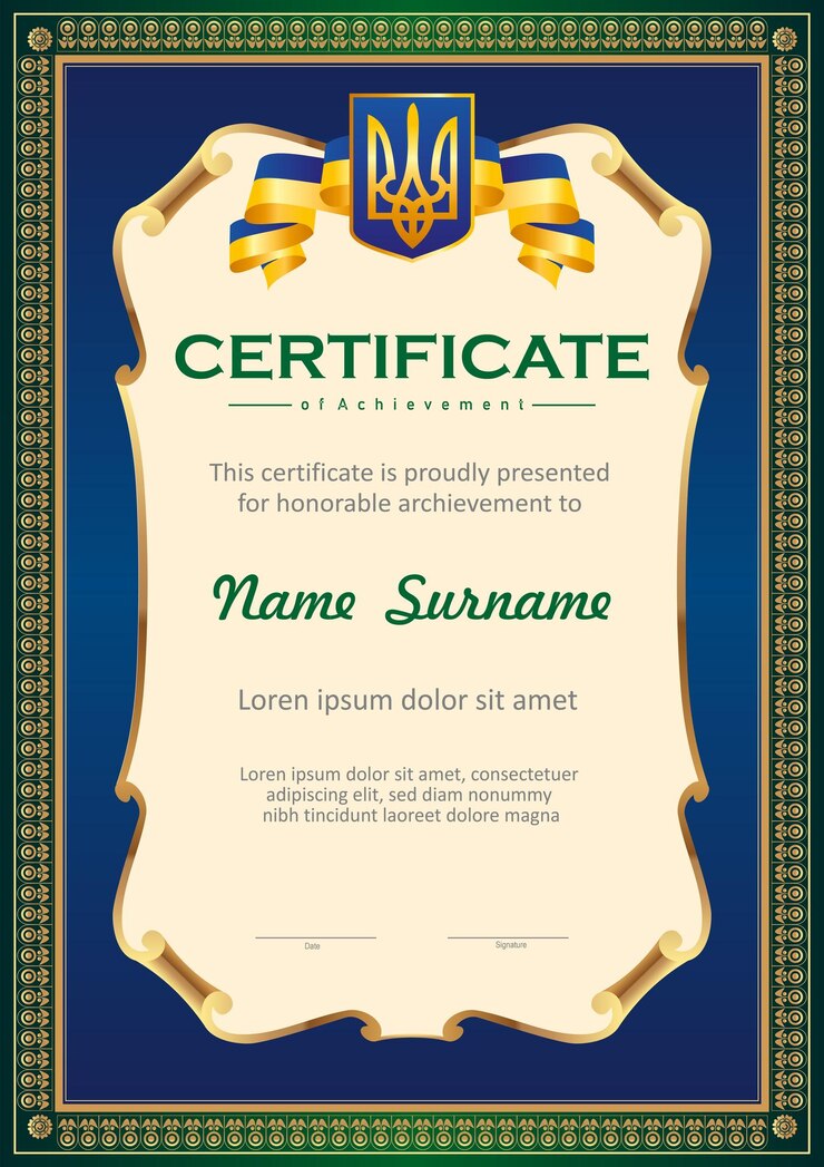 Vector vector colored certificate with ukrainian design elements flag coat of arms of ukraine