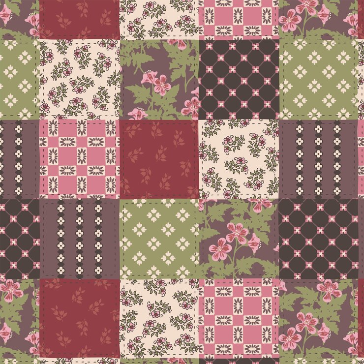Vector vector colorful abstract hand drawn seamless patchwork pattern with floral ornamental