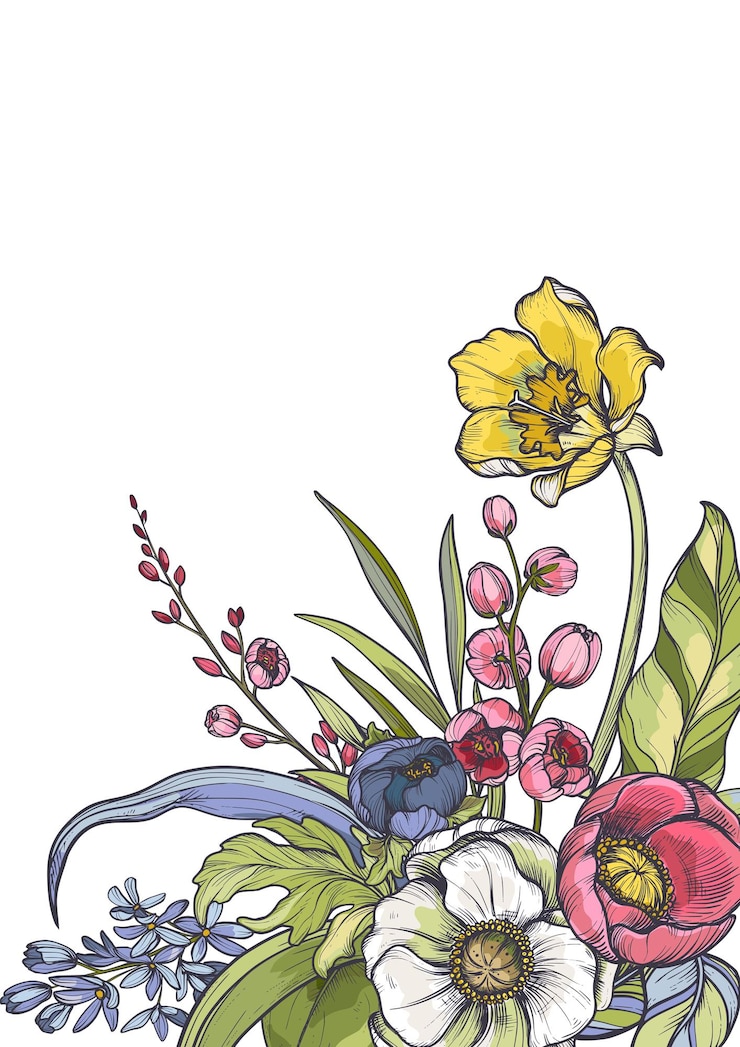 Vector vector composition of spring flowers leaves and branches different flowers tulips anemones and other plants in beautiful floral frame