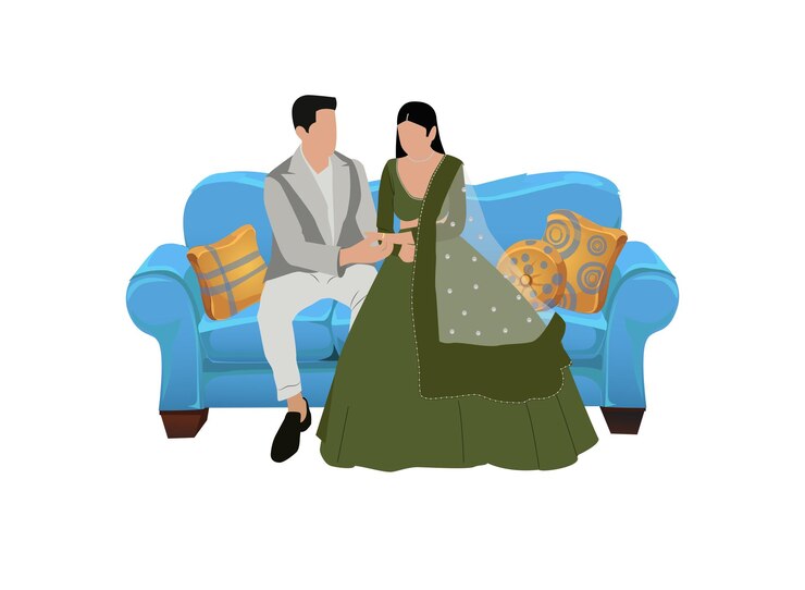 vector cute indian couple cartoon in traditional dress posing for wedding invitation card design