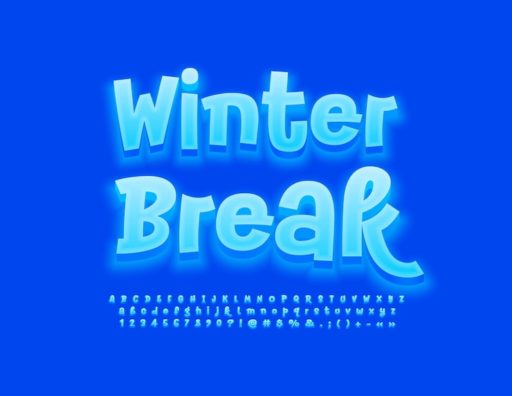 Vector vector cute poster winter break. glowing blue font. artistic set of funny alphabet letters, numbers