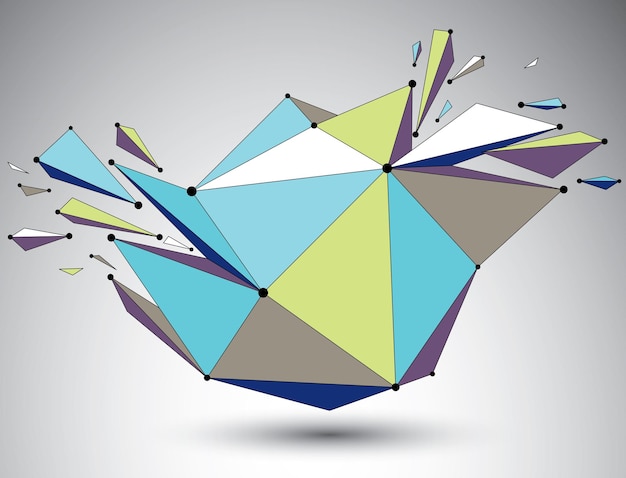 vector dimensional colorful wireframe object, demolished shape with refractions and wreckage. 3d mesh digital technology element broken into pieces.