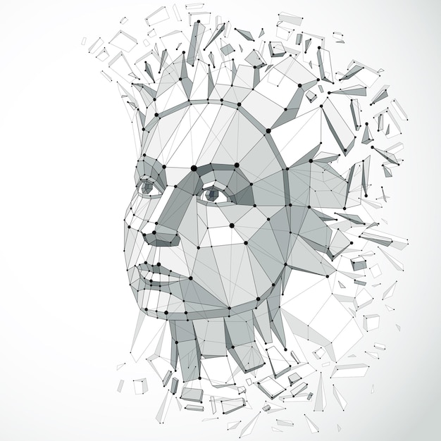 Vector dimensional low poly female portrait with lines mesh, graphic illustration of human head broken into fragments. 3d demolished wireframe object created with fractures and different particles.