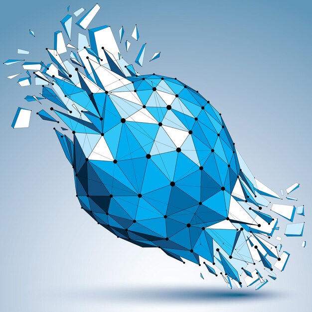 Vector dimensional wireframe blue object with dotted lines, spherical demolished shape with fractures and wreckage. 3d mesh technology element broken into pieces.