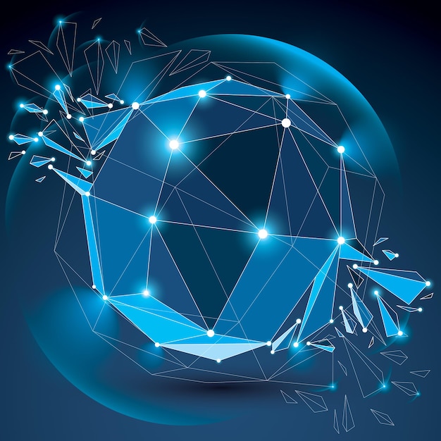 vector dimensional wireframe blue object with radiance circles, spherical demolished shape with particles and wreckage. 3d black lines mesh element broken into pieces. digital technology art.