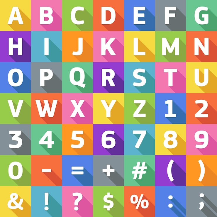 Vector vector flat alphabet with symbols and letters on bright colored