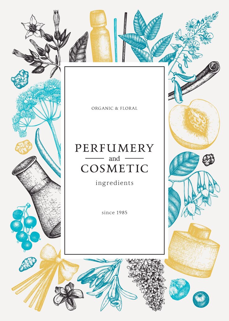 Vector vector frame with fragrant fruits and flowers perfumery and cosmetics ingredients illustration aromatic and medicinal plants design botanical template for invitation or greeting card