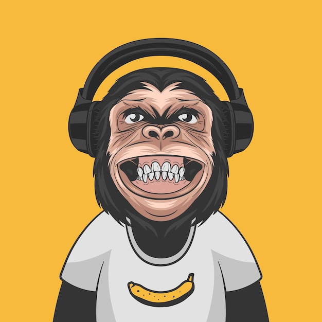 Vector Funny Smiling Chimpanzee Ape with Headphones and Banana on His Tshirt on Yellow Background Happy Monkey for Wall Art Tshirt Print Poster Cartoon Cute Chimp Monkey