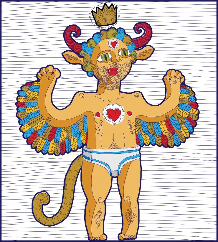 Vector vector hand drawn graphic lined illustration of symbolic character, cartoon nude man with wings, animal side of human being. love concept, king allegory drawing.