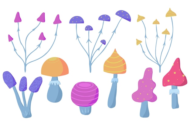 vector hand drawn set of mushrooms. set of fabulous bright mushrooms. vector illustration