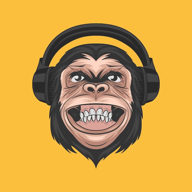 Vector Hand Drawn Smiling DJ Chimpanzee Ape with Headphones Colored Abstract Funny Monkey Head for Wall Art Tshirt Print Poster Cartoon Cute Chimp Monkey Icon Logo Illustration