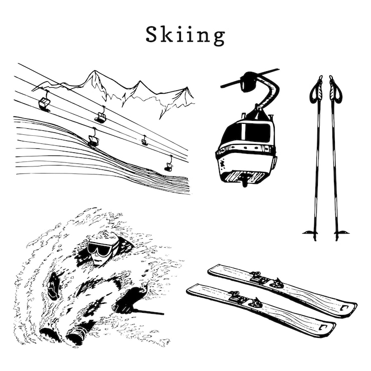 Vector vector hand sketches of skiing elements illustration set for poster label etc