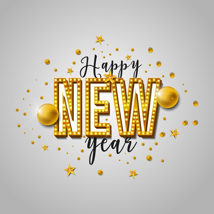 Vector vector happy new year 2024 celebrating background with golden balls stars and black golden text