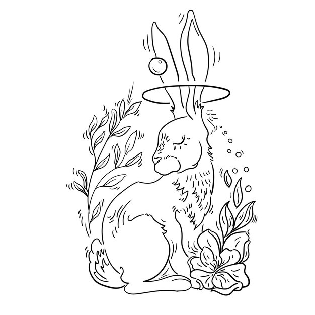 vector hare illustration beautiful line art with rabbit and flowers vector rabbit isolated