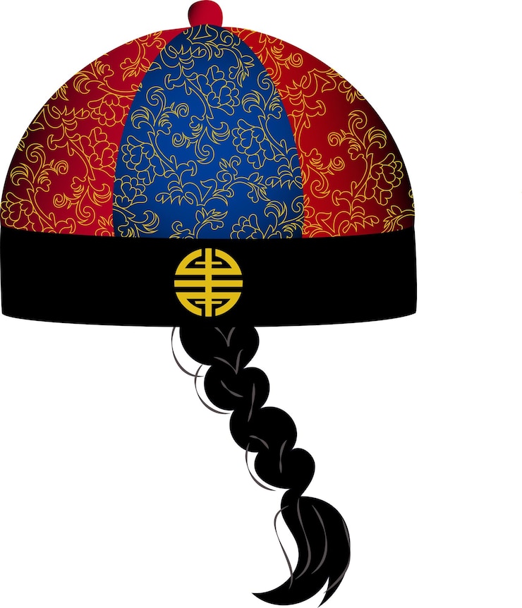 Vector vector hat of traditional redblack mandarin or landlord hat with pigtail national chinese male cap