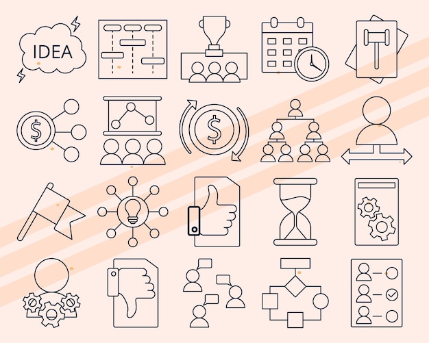 vector icons related to project management including charts graphs and tools