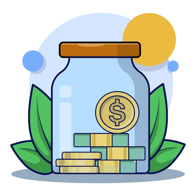 vector illustration about Money Saving Concept or Money and Gold Coins in a Jar or money sack