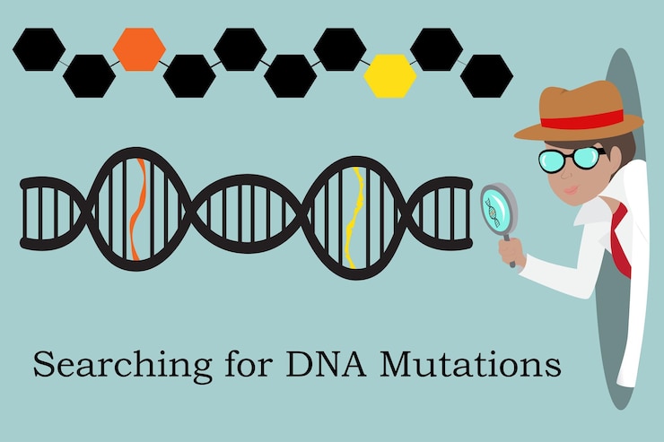 Vector vector illustration background of a female scientist searching the genome for dna mutations