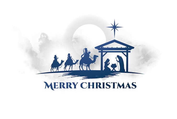 Vector vector illustration birth of christ baby jesus reaching the magi bear gifts