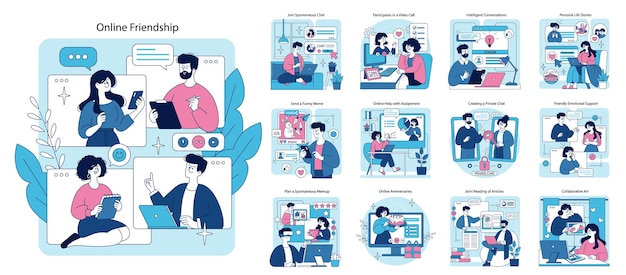 Vector illustration depicts diverse aspects of online friendship and interaction scenes include