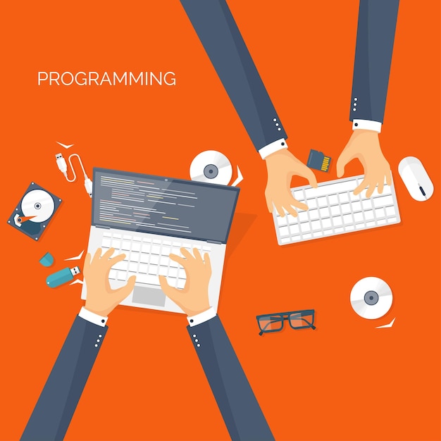 Vector illustration flat background coding programming and seo search engine optimization app