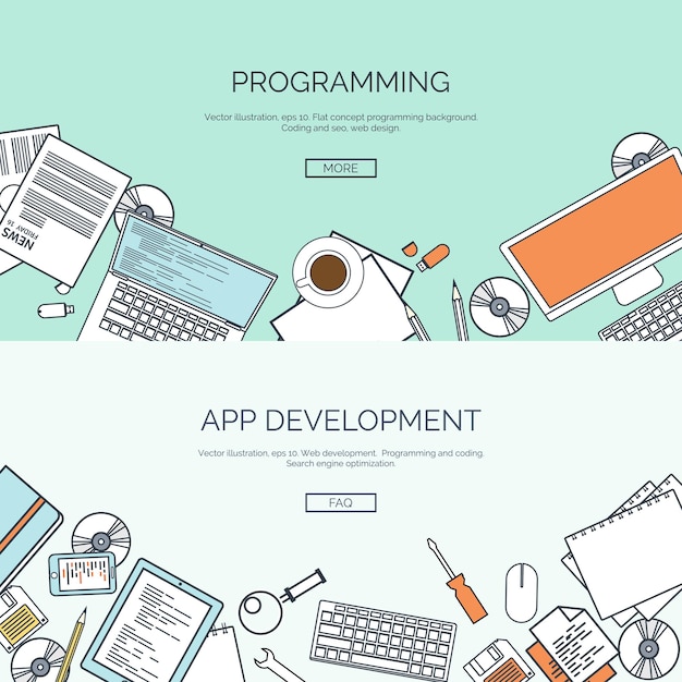 Vector illustration flat background coding programming seo search engine optimisation app