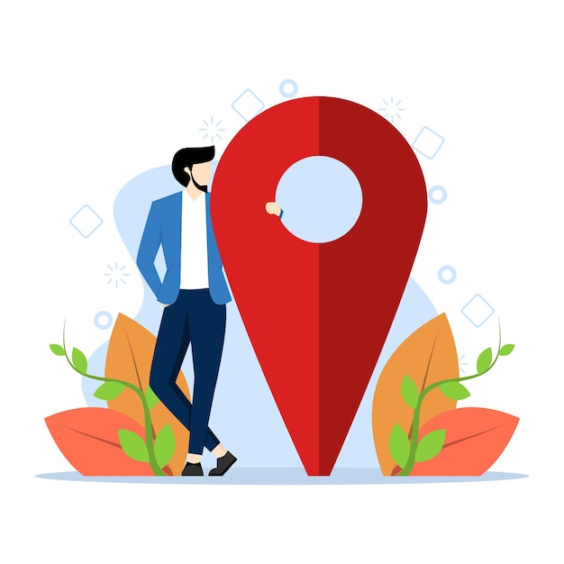 Vector illustration Handsome businessman standing near big map pointer or Location of our office