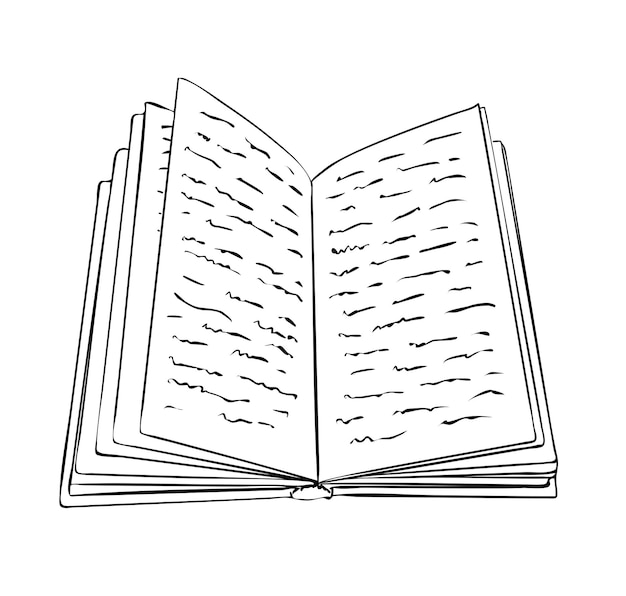 vector illustration, isolated open book with scribbles in black and white colors, outline hand painted drawing