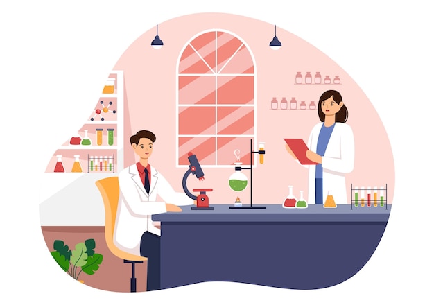 Vector Illustration of a Laboratory Conducting Scientific Research Experimentation and Measurement in a Flat Cartoon Style Background